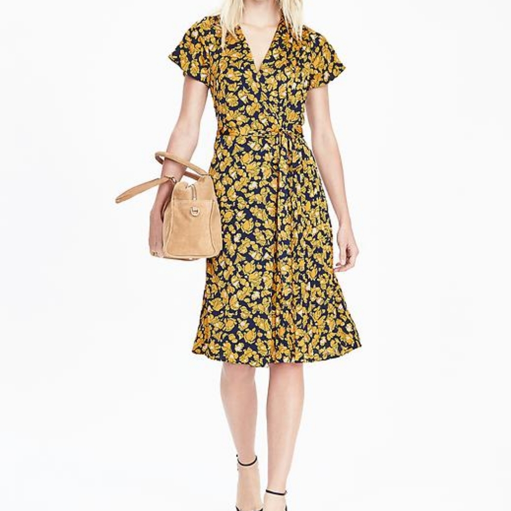 Banana Republic Yellow Navy Wrap Midi Dress